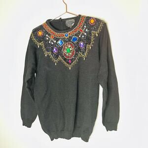 CAROLE LITTLE Vintage Jewel Embroidered 100% Black Wool Sweater Size Large